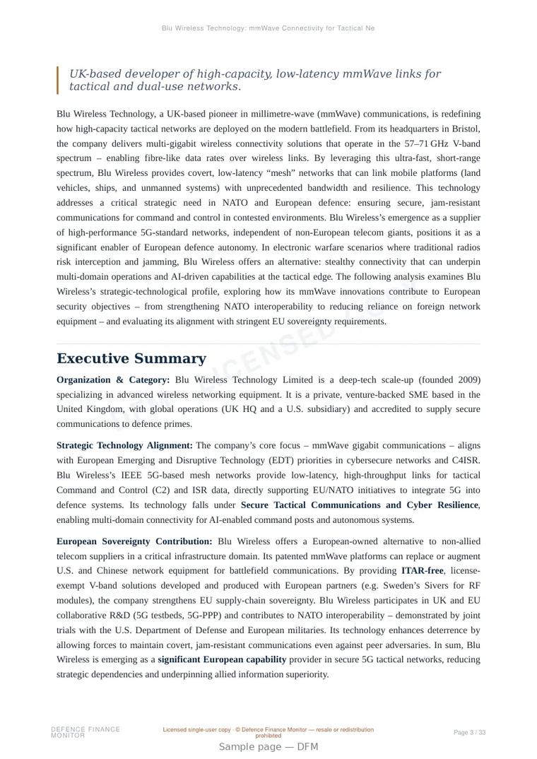 Sample page from “Blu Wireless Technology: mmWave Connectivity for Tactical Networks” — 34-page report
