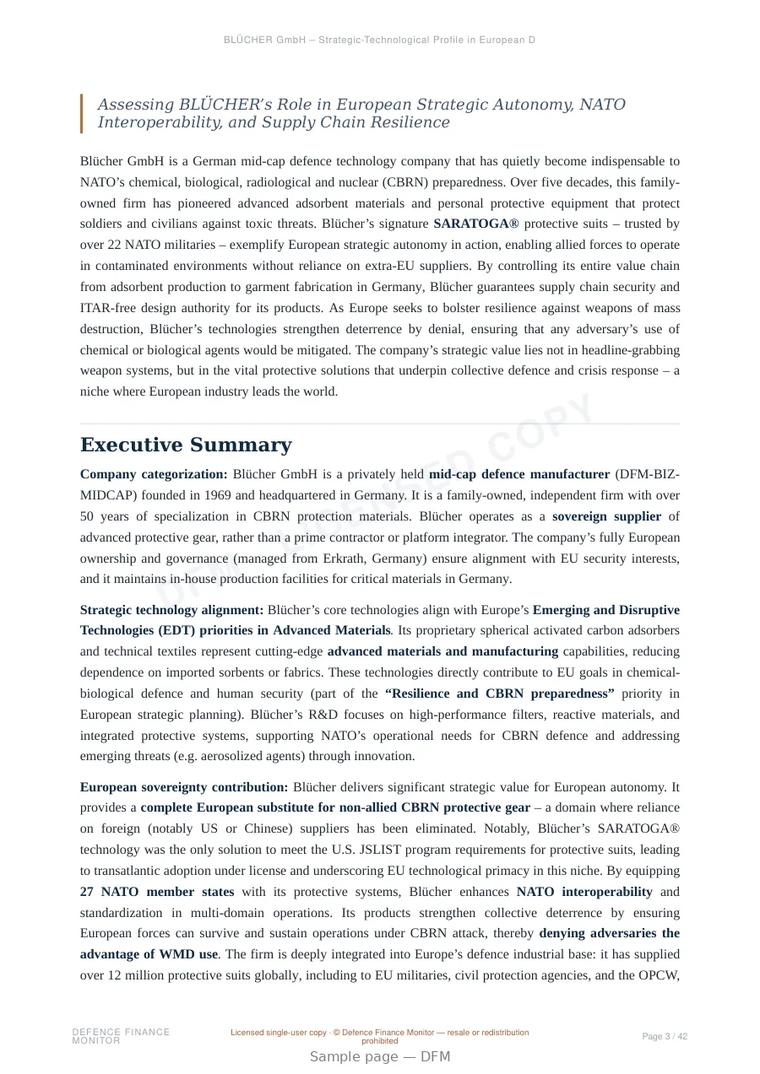 Sample page from “BLÜCHER GmbH – Strategic-Technological Profile in European Defence and Dual-Use Protective Materials” — 43-page report