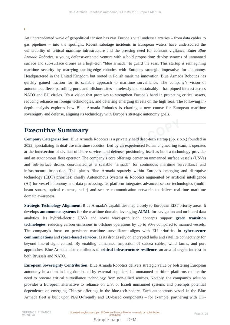 Sample page from “Blue Armada Robotics: Autonomous Fleets for Europe’s Maritime Sovereignty” — 30-page report