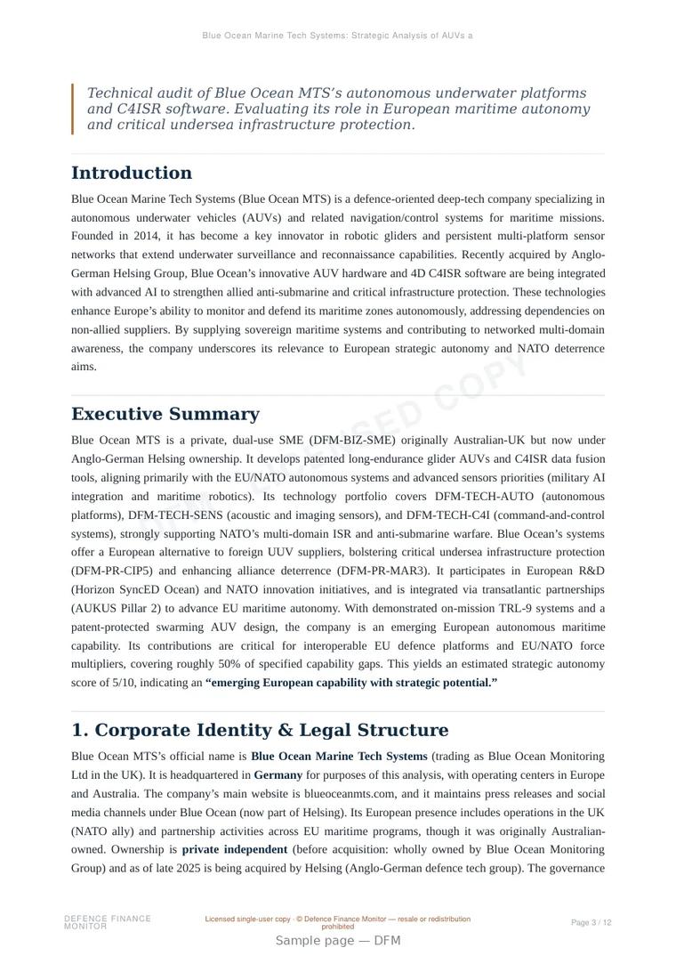 Sample page from “Blue Ocean Marine Tech Systems: Strategic Analysis of AUVs and Maritime Sovereignty” — 13-page report