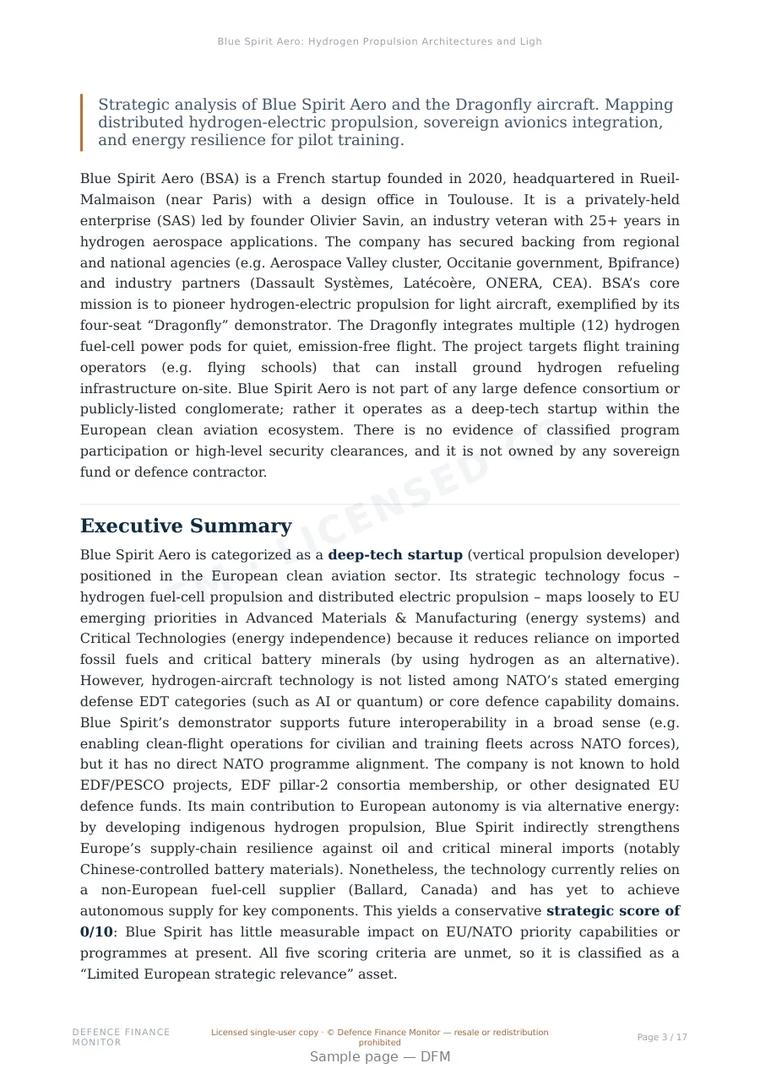 Sample page from “Blue Spirit Aero: Hydrogen Propulsion Architectures and Light Aviation Sovereignty” — 18-page report