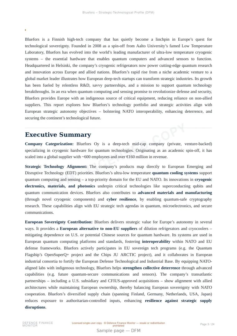 Sample page from “Bluefors – Strategic-Technological Profile” — 25-page report