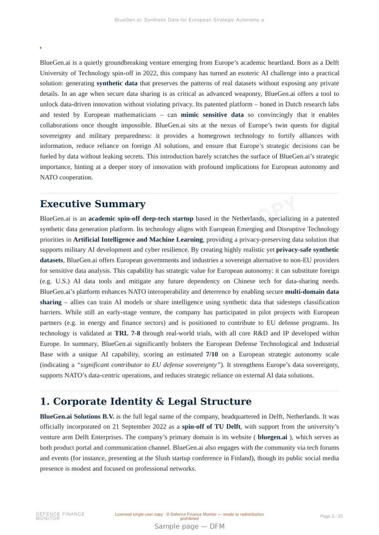 Sample page from “BlueGen.ai: Synthetic Data for European Strategic Autonomy and NATO Interoperability” — 26-page report