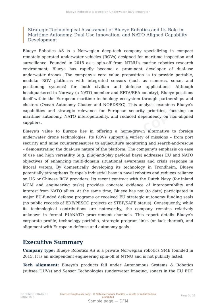 Sample page from “Blueye Robotics: Norwegian Underwater ROV Innovator” — 23-page report
