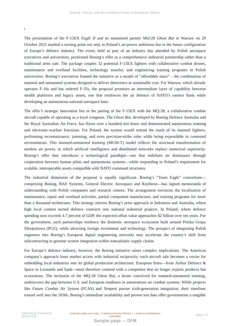 Sample page from “Boeing, Poland, and the Industrial Future of European Defence” — 6-page report