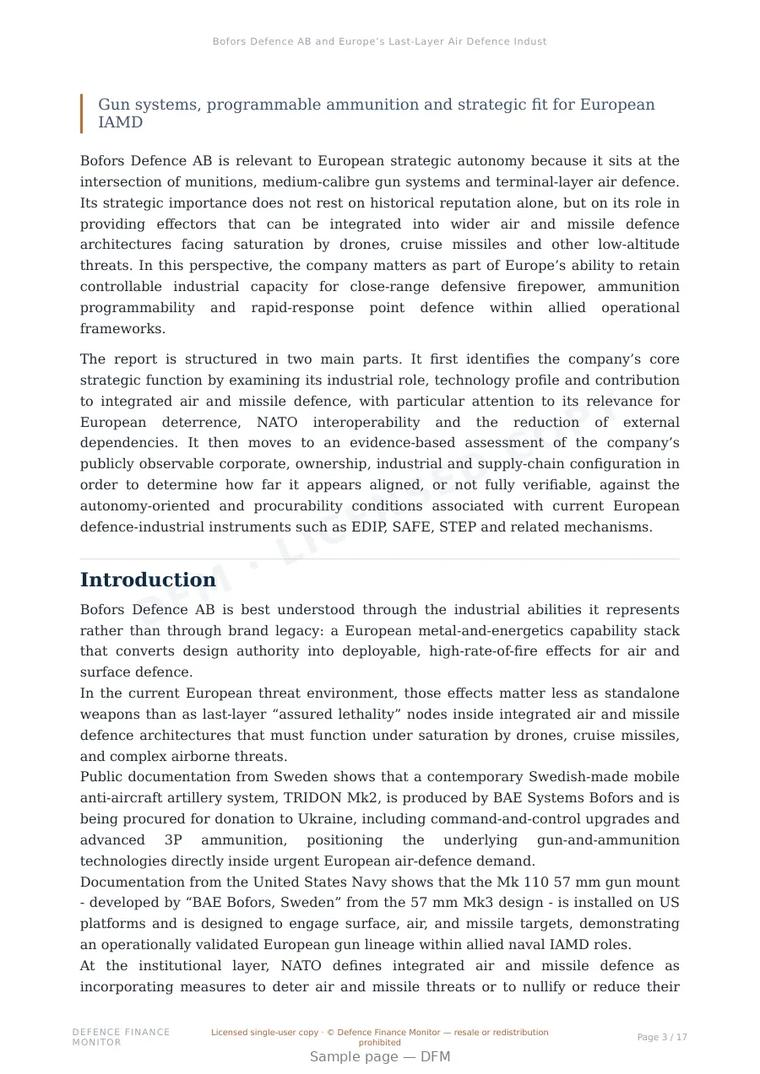 Sample page from “Bofors Defence AB and Europe’s Last-Layer Air Defence Industrial Base” — 18-page report