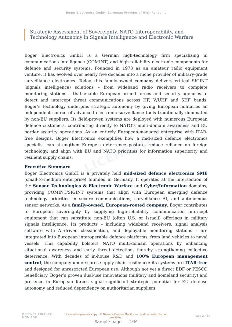 Sample page from “Boger Electronics GmbH: European Provider of High-Reliability COMINT Systems for Defence and Security Applications” — 35-page report