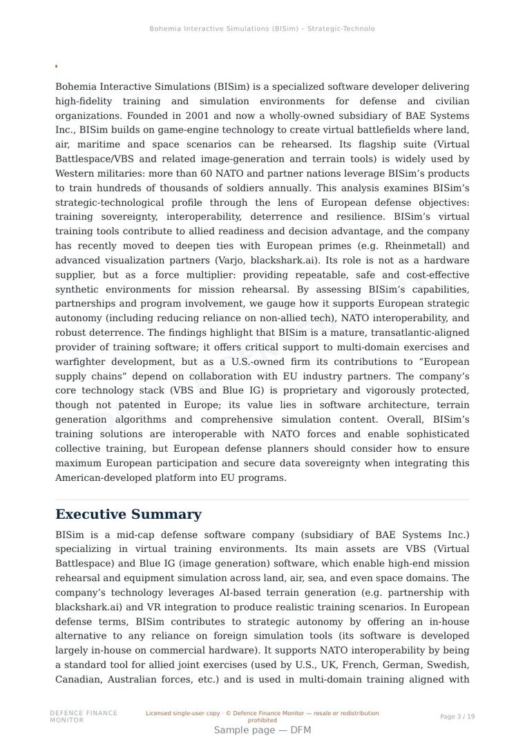 Sample page from “Bohemia Interactive Simulations (BISim) — training company” — 20-page report