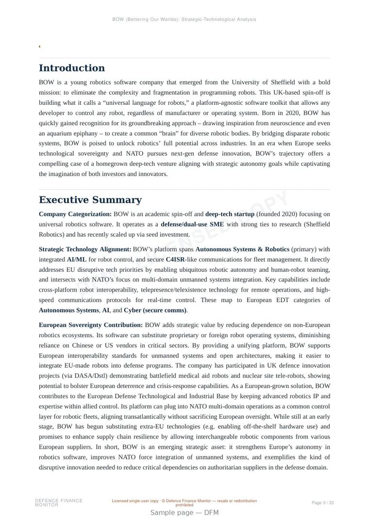 Sample page from “BOW — United Kingdom autonomous systems company” — 34-page report