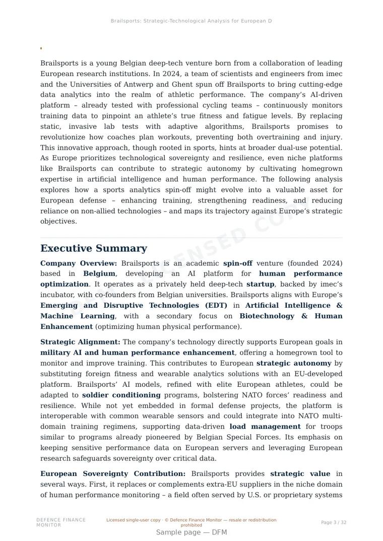 Sample page from “Brailsports — Belgium artificial intelligence company” — 33-page report