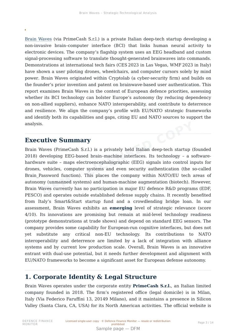 Sample page from “Brain Waves (via PrimeCash S.r.l.) — Italy human enhancement company” — 15-page report