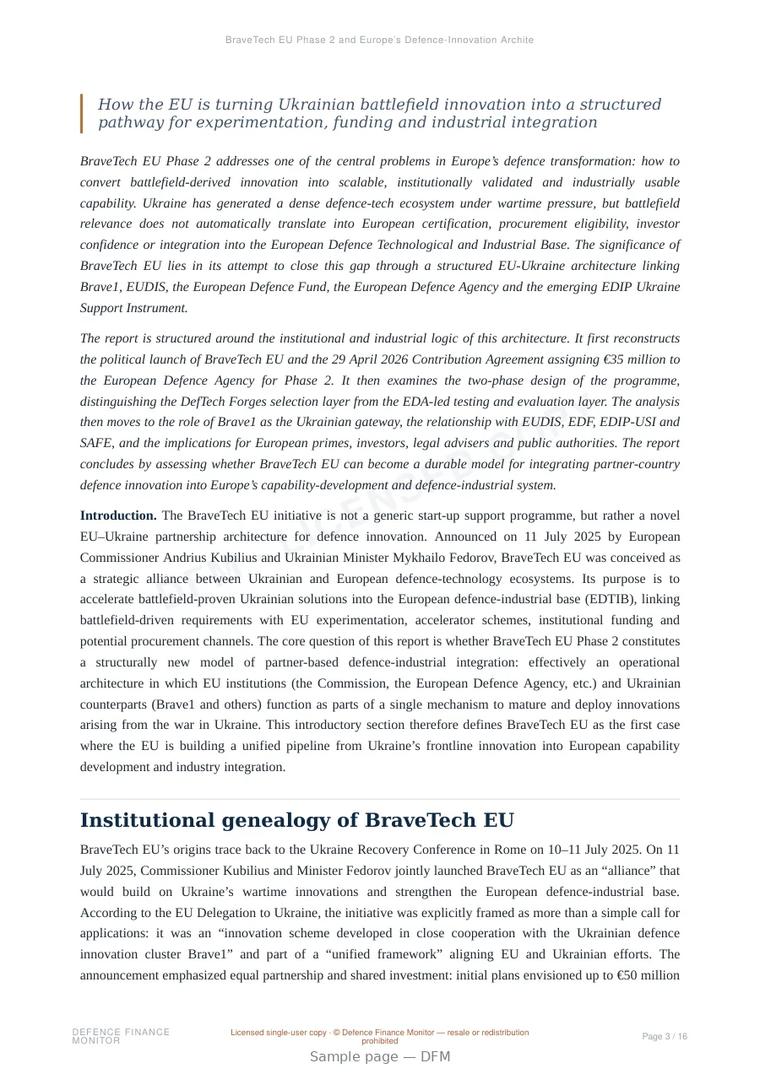 Sample page from “BraveTech EU Phase 2 and Europe’s Defence-Innovation Architecture” — 17-page report