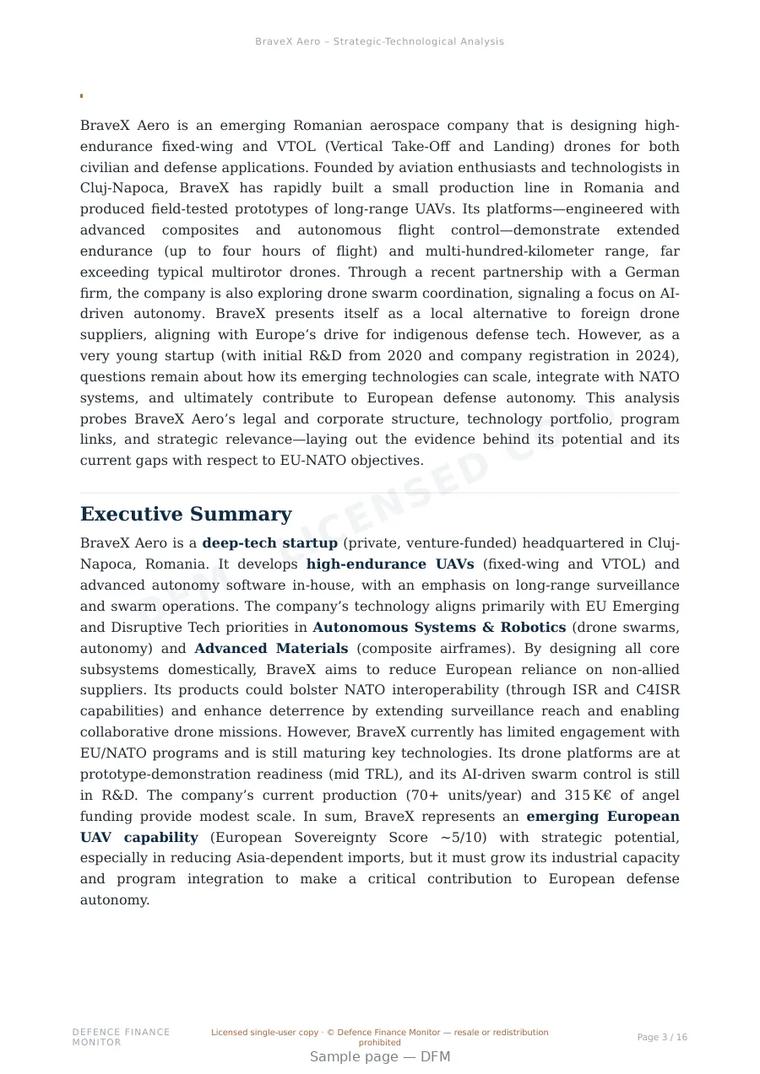 Sample page from “BraveX Aero — Romania unmanned aerial systems company” — 17-page report