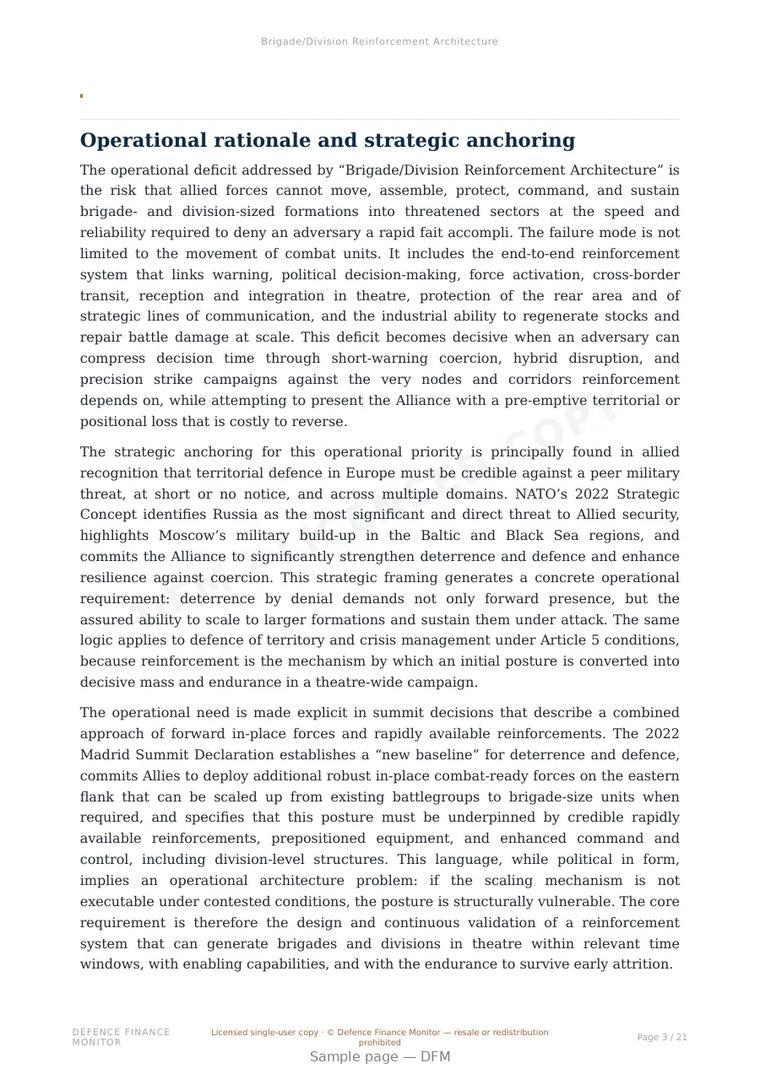 Sample page from “Brigade/Division Reinforcement Architecture” — 22-page report