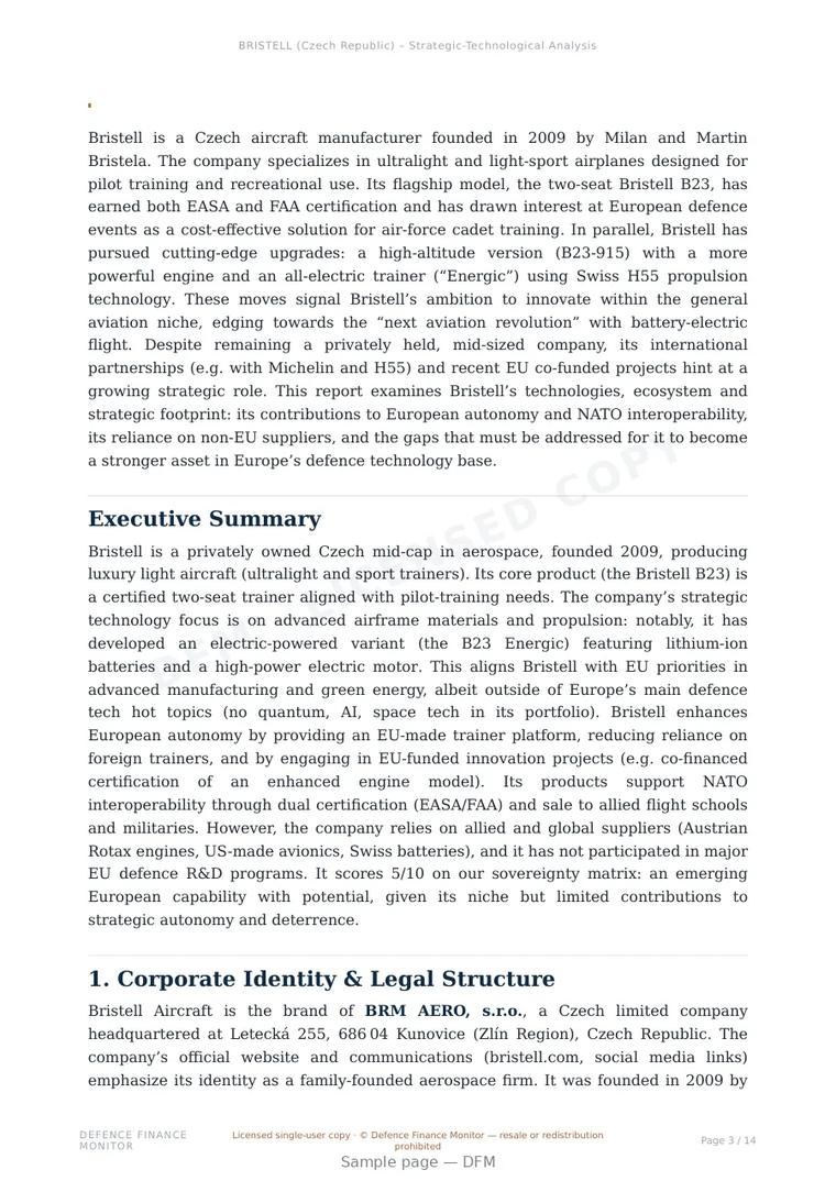 Sample page from “Bristell — Czech Republic air platforms company” — 15-page report