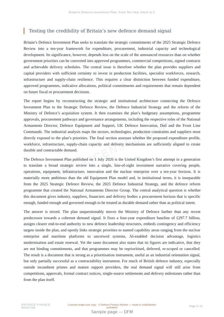 Sample page from “Britain’s Defence Investment Plan: From Ten-Year Intent to Contractable Demand” — 22-page report