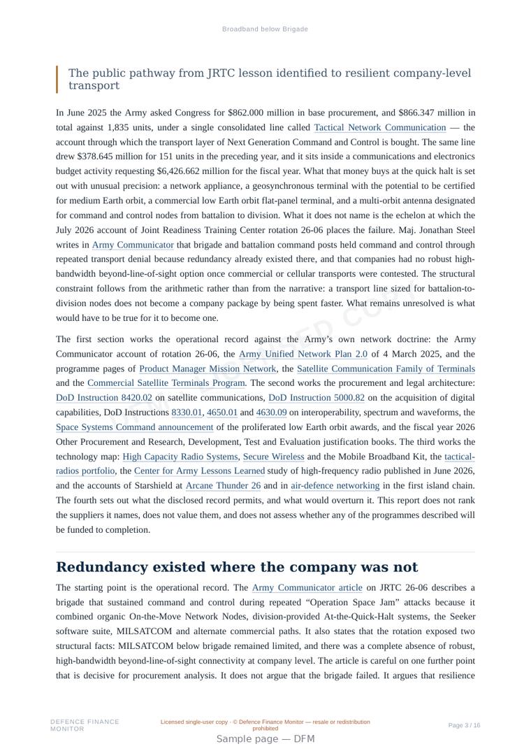 Sample page from “Broadband below Brigade” — 17-page report