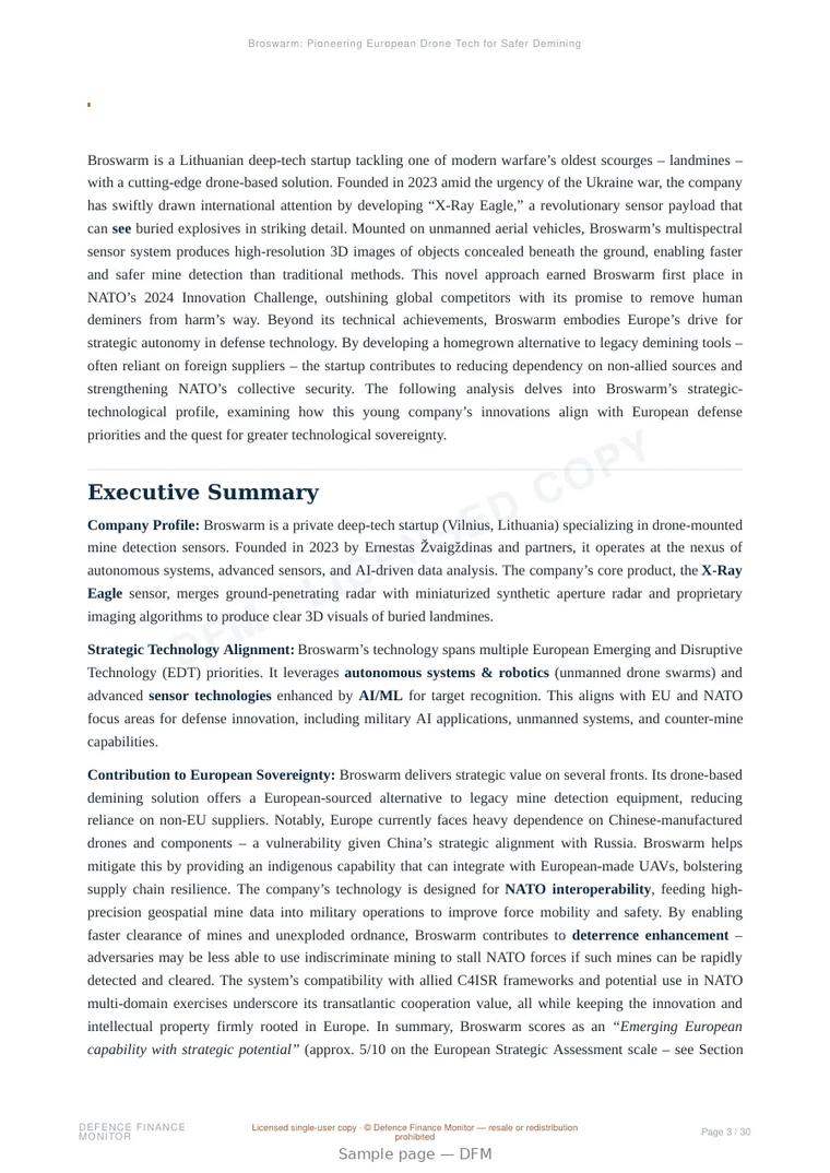 Sample page from “Broswarm: Pioneering European Drone Tech for Safer Demining” — 31-page report