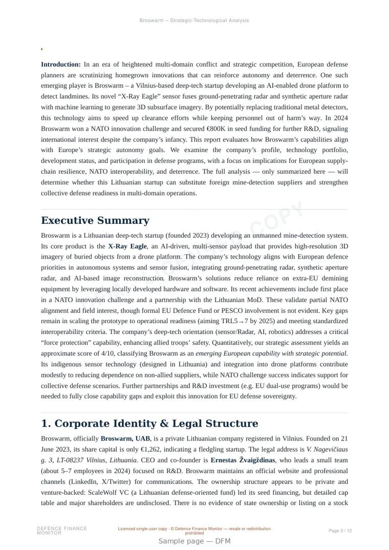 Sample page from “Broswarm — Lithuania unmanned aerial systems company” — 13-page report