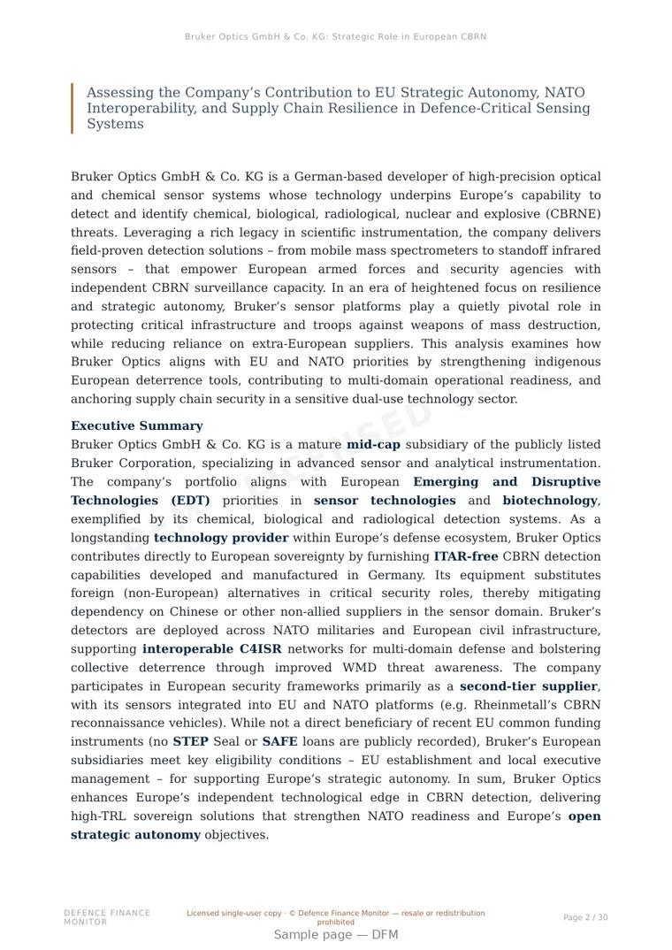 Sample page from “Bruker Optics GmbH & Co. KG: Strategic Role in European CBRN Detection and Dual-Use Sensor Technologies” — 31-page report