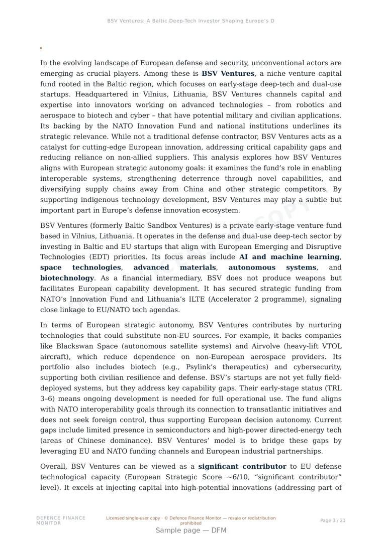 Sample page from “BSV Ventures: A Baltic Deep-Tech Investor Shaping Europe’s Dual-Use Innovation Ecosystem” — 22-page report