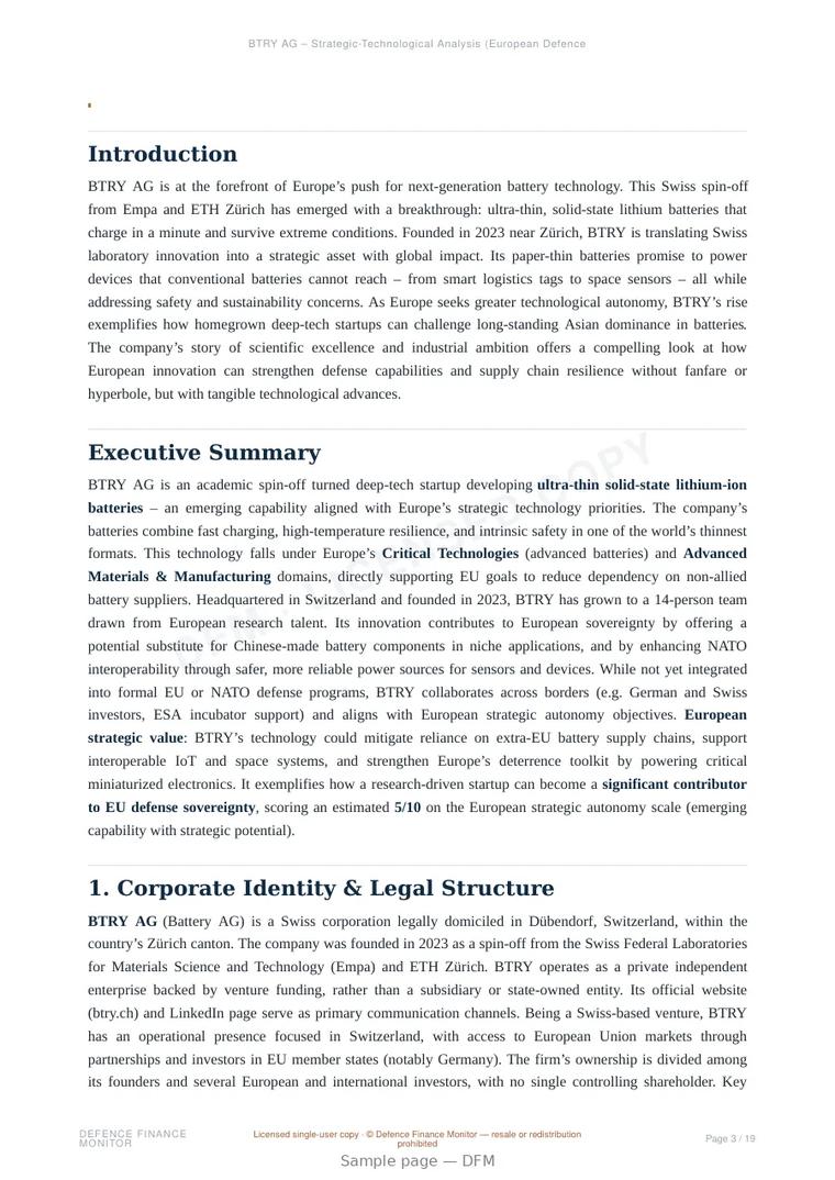 Sample page from “BTRY AG — Switzerland advanced batteries company” — 20-page report