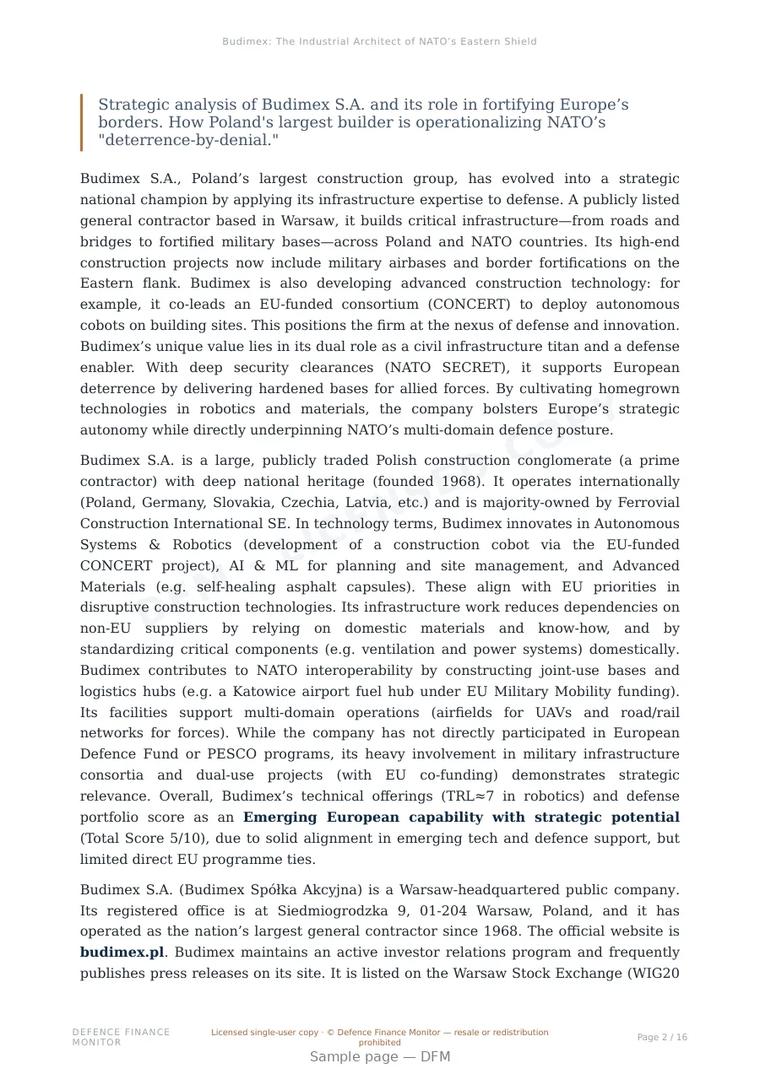 Sample page from “Budimex: The Industrial Architect of NATO’s Eastern Shield” — 17-page report