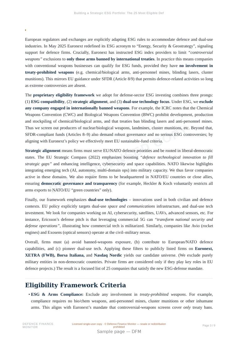 Sample page from “Building a Strategic ESG Portfolio: The 25 Most Eligible Defence and Dual-Use Firms” — 10-page report