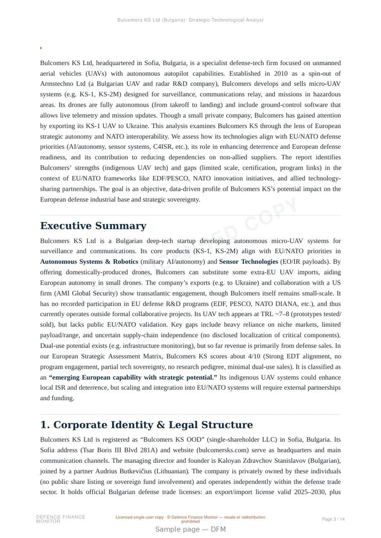 Sample page from “Bulcomers KS Ltd — Bulgaria unmanned aerial systems company” — 15-page report
