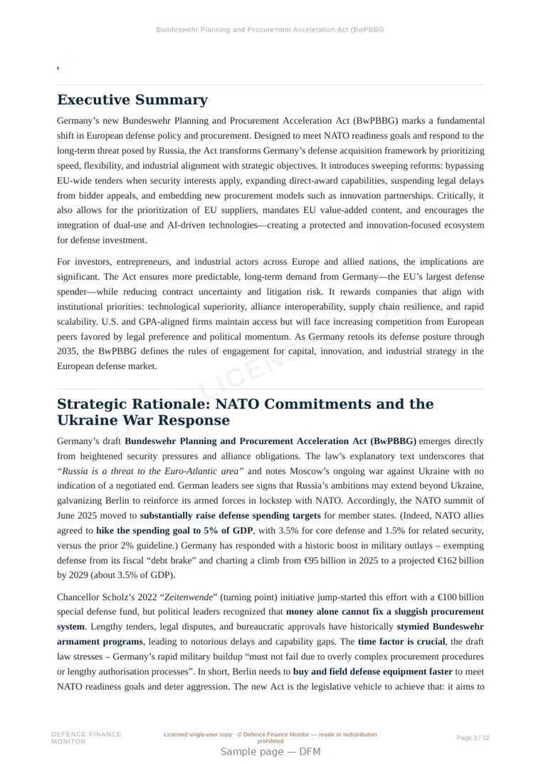 Sample page from “Bundeswehr Planning and Procurement Acceleration Act (BwPBBG) – Strategic Rationale and Industry Implications” — 13-page report
