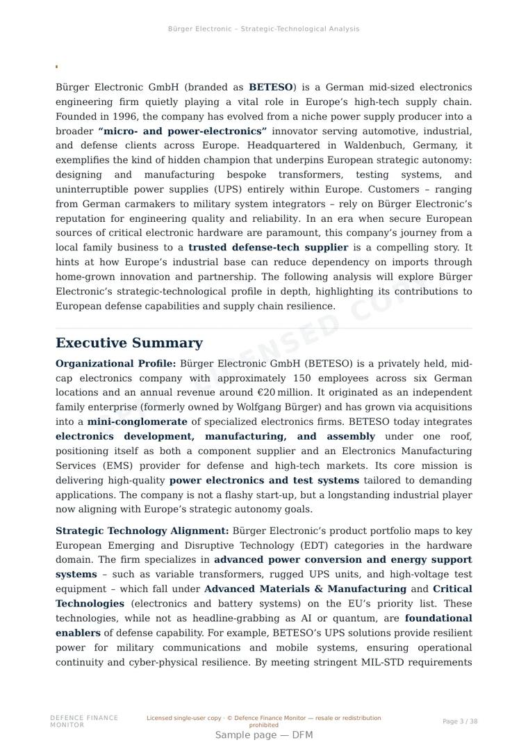 Sample page from “Burger Electronic GmbH — Germany microelectronics company” — 39-page report