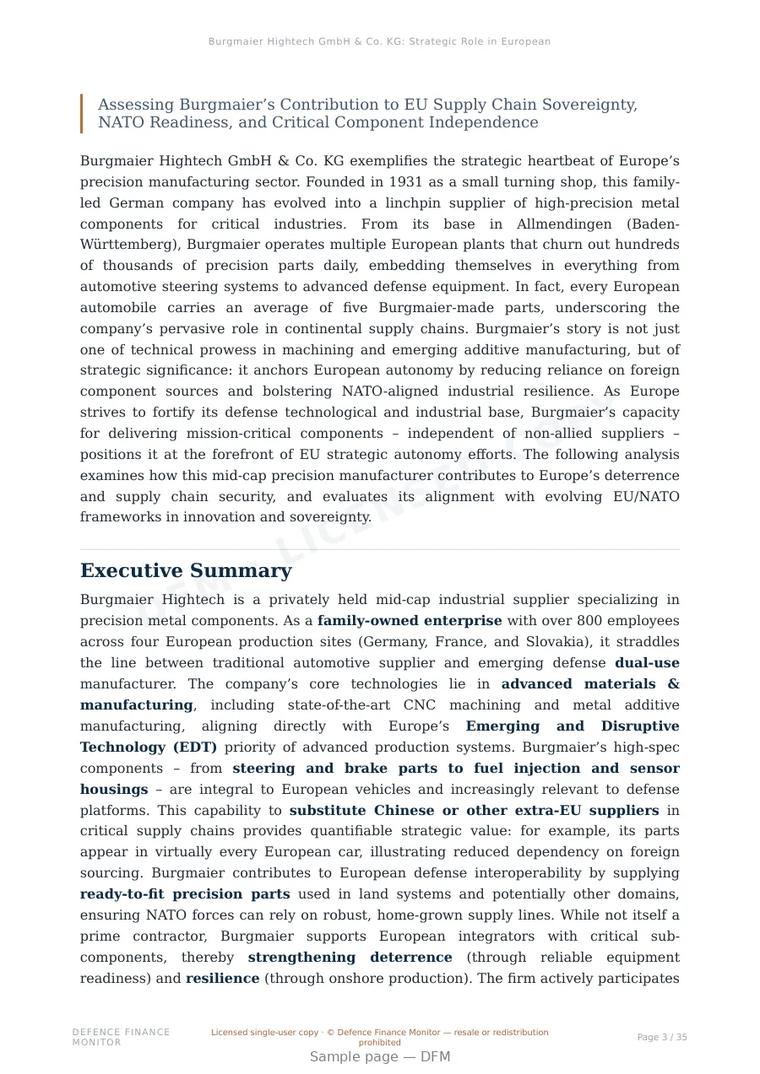 Sample page from “Burgmaier Hightech GmbH & Co. KG: Strategic Role in European Precision Manufacturing for Defence and Dual-Use Autonomy” — 36-page report