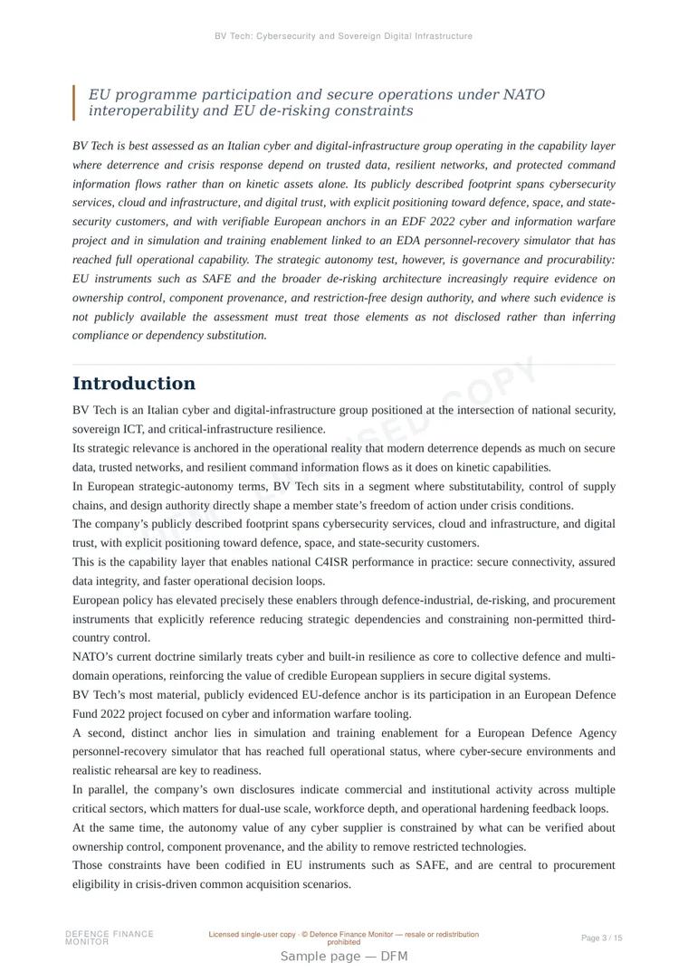 Sample page from “BV Tech: Cybersecurity and Sovereign Digital Infrastructure for European Defence and Critical Systems” — 16-page report