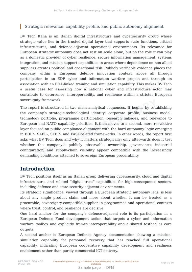 Sample page from “BV Tech Italia and the Sovereignty Challenge in European Cyber Defence” — 17-page report