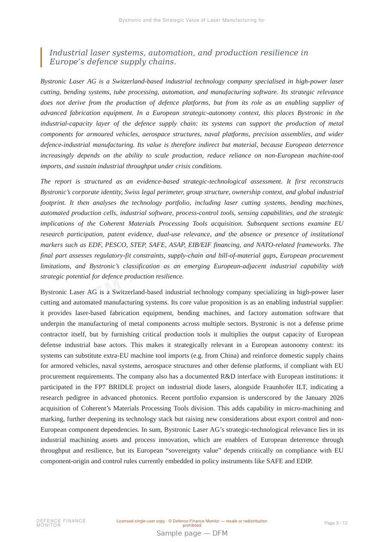 Sample page from “Bystronic and the Strategic Value of Laser Manufacturing for European Defence Readiness” — 14-page report