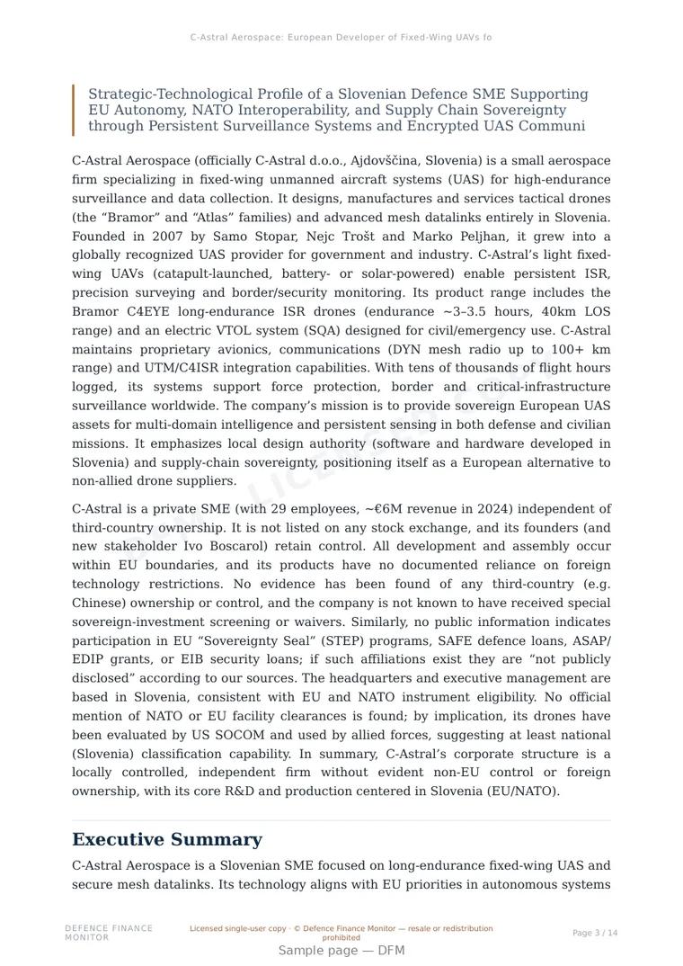 Sample page from “C-Astral Aerospace: European Developer of Fixed-Wing UAVs for ISR and Dual-Use Applications” — 15-page report