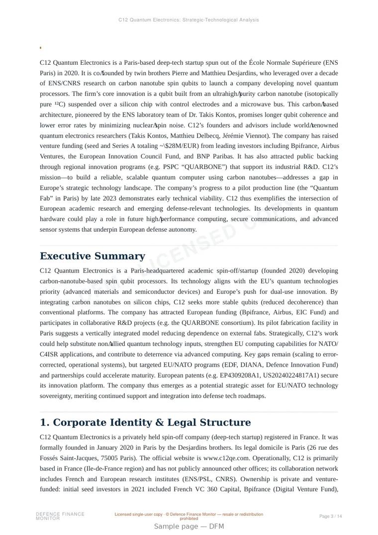 Sample page from “C12 Quantum Electronics — France quantum company” — 15-page report