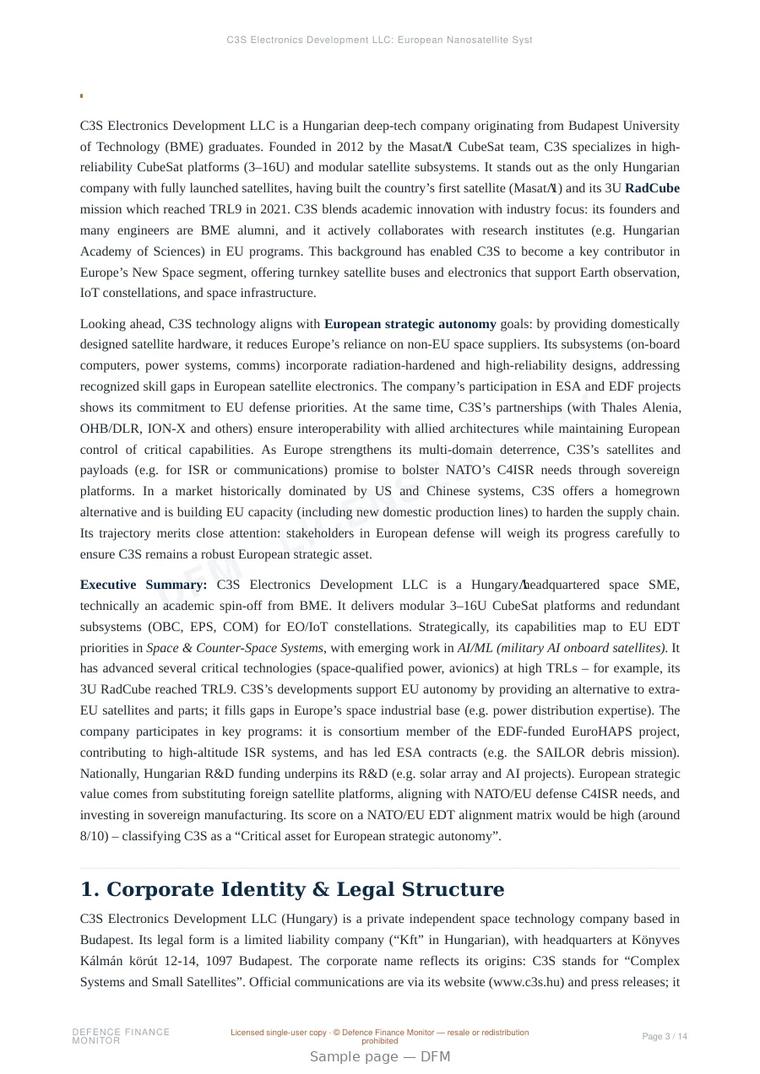 Sample page from “C3S Electronics Development LLC: European Nanosatellite Systems Pioneer” — 15-page report