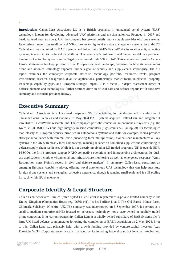 Sample page from “Callen-Lenz Associates Ltd — United Kingdom unmanned aerial systems company” — 17-page report