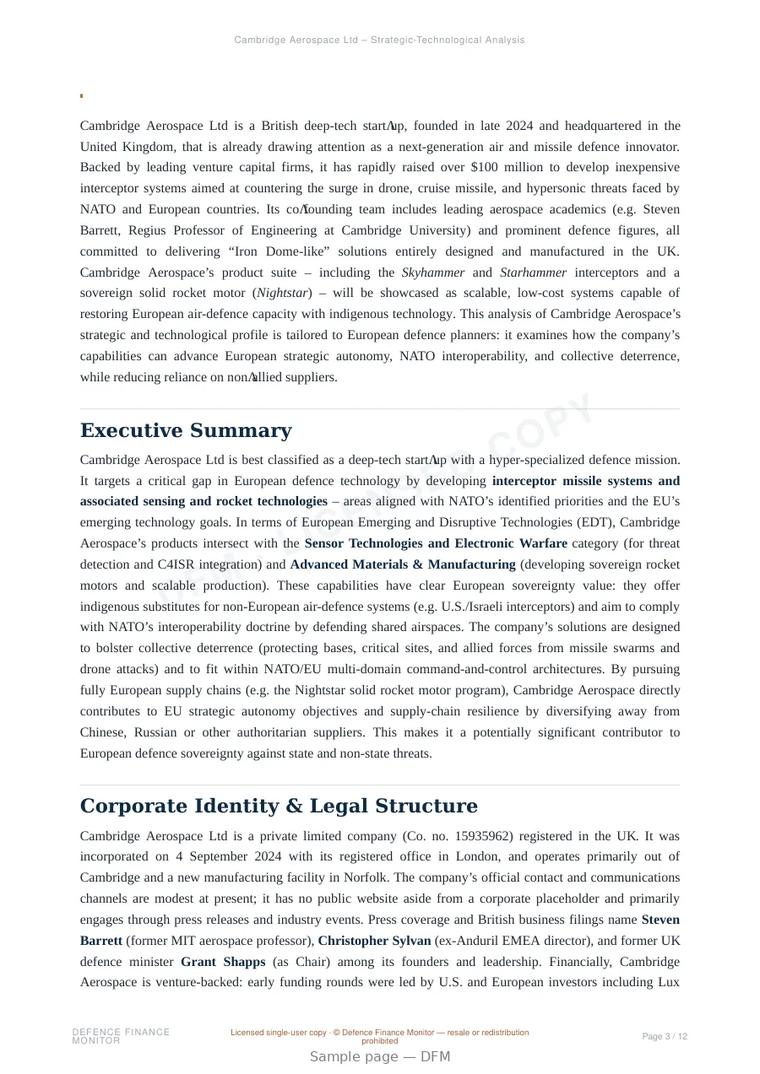 Sample page from “Cambridge Aerospace Ltd — United Kingdom defence company” — 13-page report