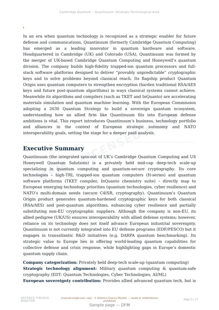 Sample page from “Cambridge Quantum – Quantinuum: Strategic-Technological Assessment for European Defense and Cyber Sovereignty” — 18-page report