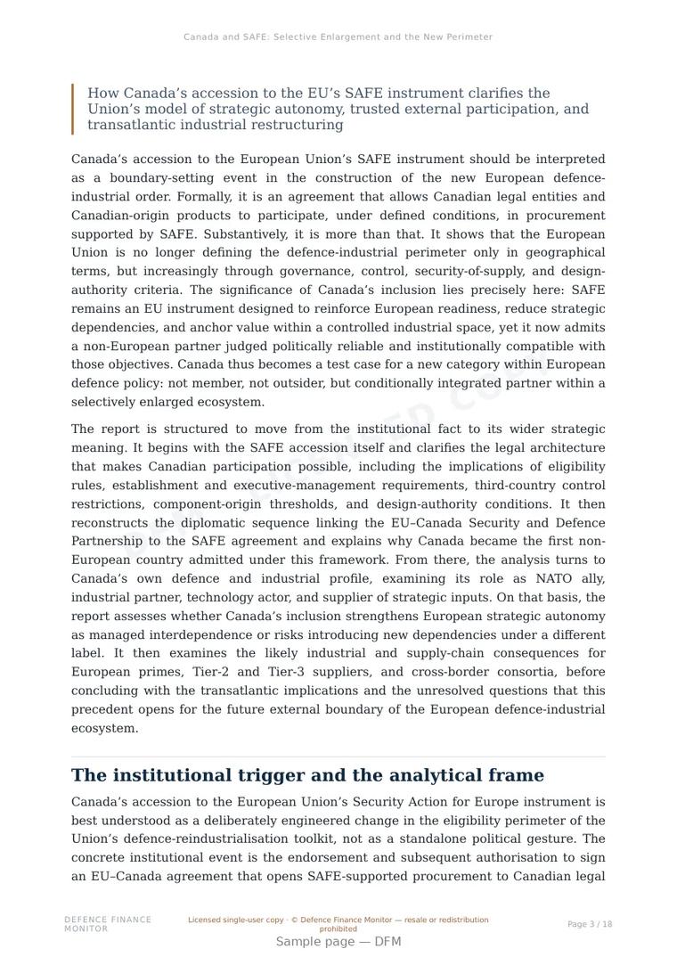 Sample page from “Canada and SAFE: Selective Enlargement and the New Perimeter of European Defence Industry” — 19-page report