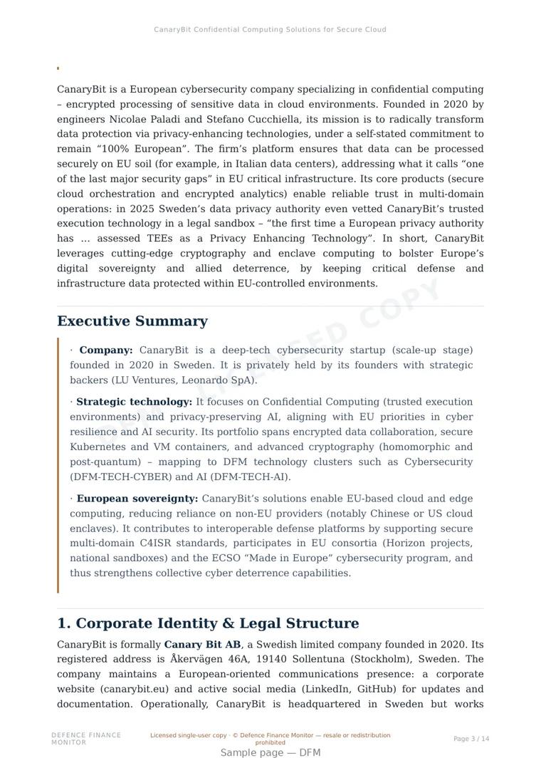 Sample page from “CanaryBit Confidential Computing Solutions for Secure Cloud Data Processing in Europe” — 15-page report