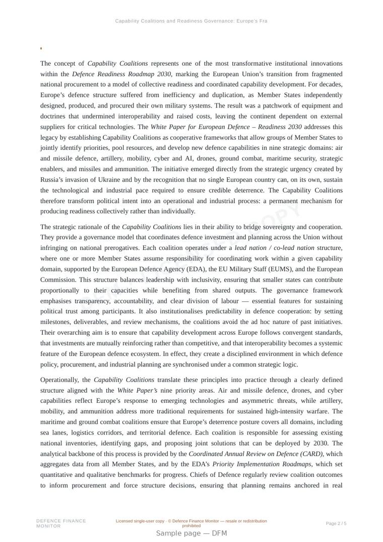 Sample page from “Capability Coalitions and Readiness Governance: Europe’s Framework for Collective Defence Production” — 6-page report