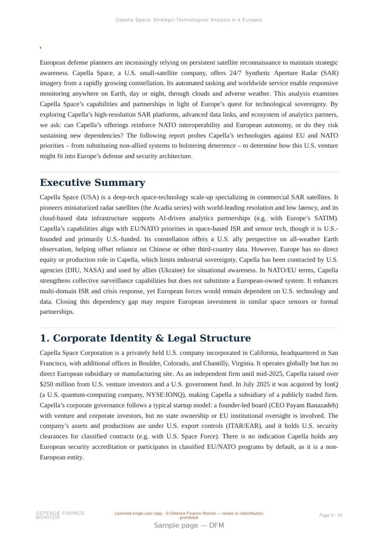 Sample page from “Capella Space — United States space-based isr company” — 14-page report