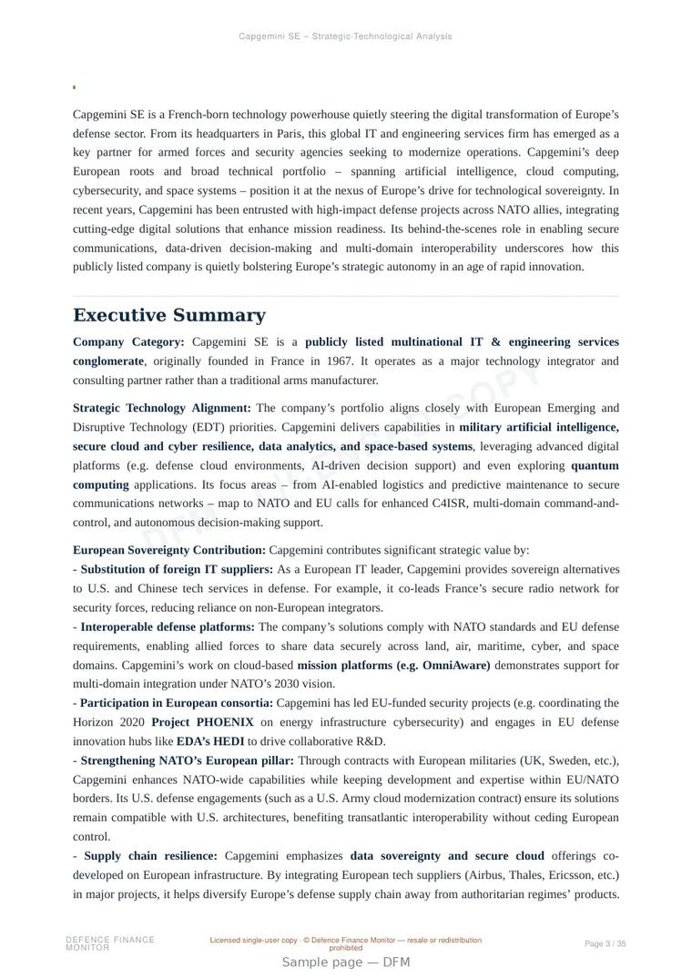 Sample page from “Capgemini SE — France artificial intelligence company” — 36-page report