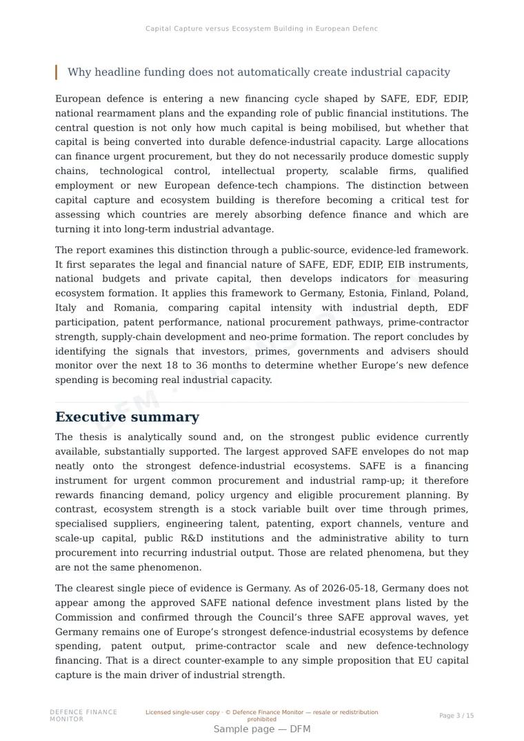 Sample page from “Capital Capture versus Ecosystem Building in European Defence” — 16-page report