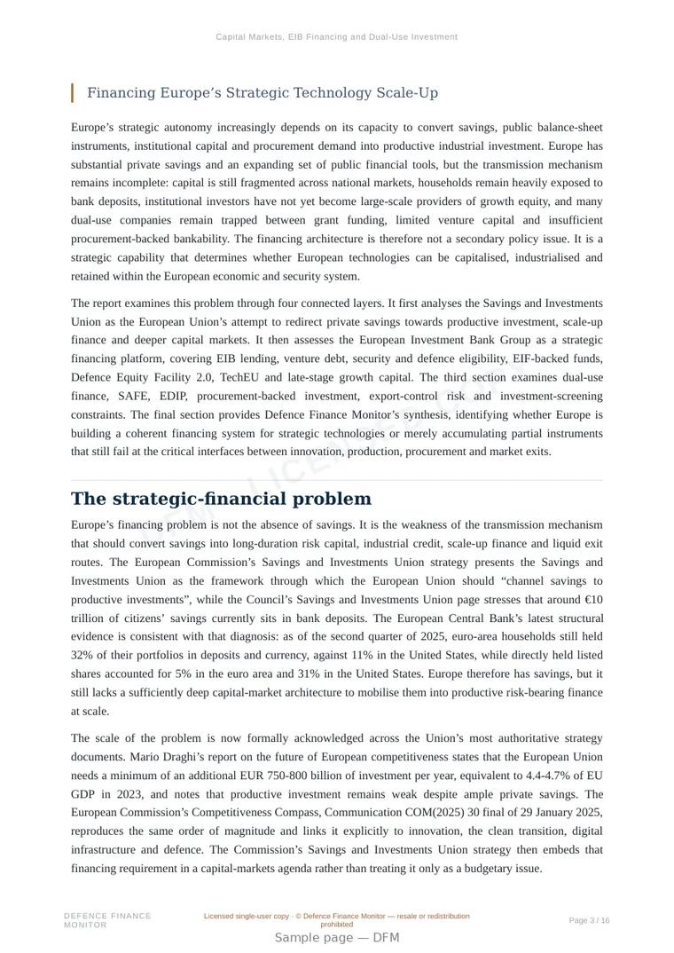 Sample page from “Capital Markets, EIB Financing and Dual-Use Investment” — 17-page report
