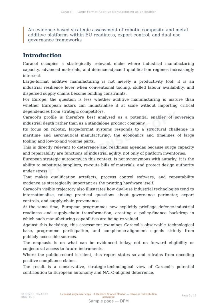Sample page from “Caracol — Large-Format Additive Manufacturing as an Enabler of European Industrial Sovereignty” — 17-page report