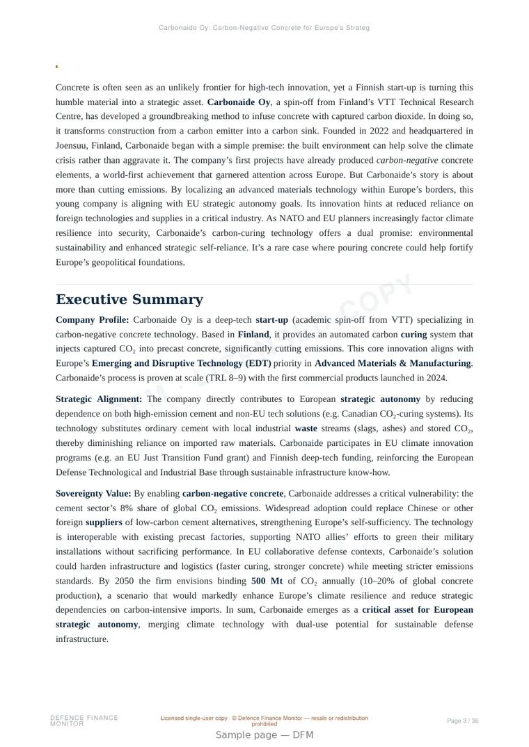 Sample page from “Carbonaide Oy: Carbon-Negative Concrete for Europe’s Strategic Autonomy” — 37-page report